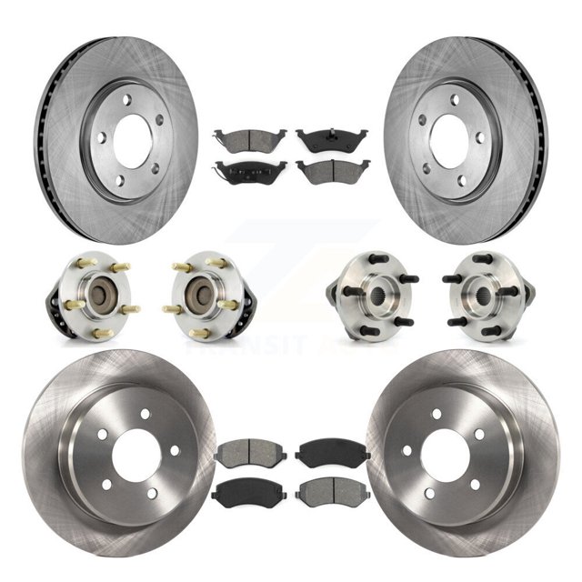 Transit Auto Front Rear Hub Bearing Assembly Disc Brake Rotor and Semi-Metallic Pad Kit (10Pc) for Car 2003 Chrysler Voyager Drum rear brakes with Non-ABS Left Right Side (Driver Passenger) KBB-109487