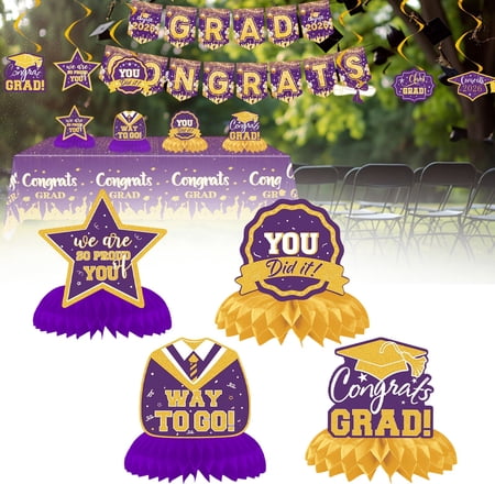 Graduate Banner 2026 Honeycomb Centerpieces Purple Gold Graduation Decorations Set With 4 Table Decor Pieces For Graduation Party Celebration