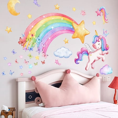 Rainbow Wall Stickers Unicorn wall decals Clouds Wall Art Decals DIY Transparent Peel and Stick Baby Nursery Girls Bedroom Daycare Wall Decor Girls Bedroom Kids Room Baby Nursery