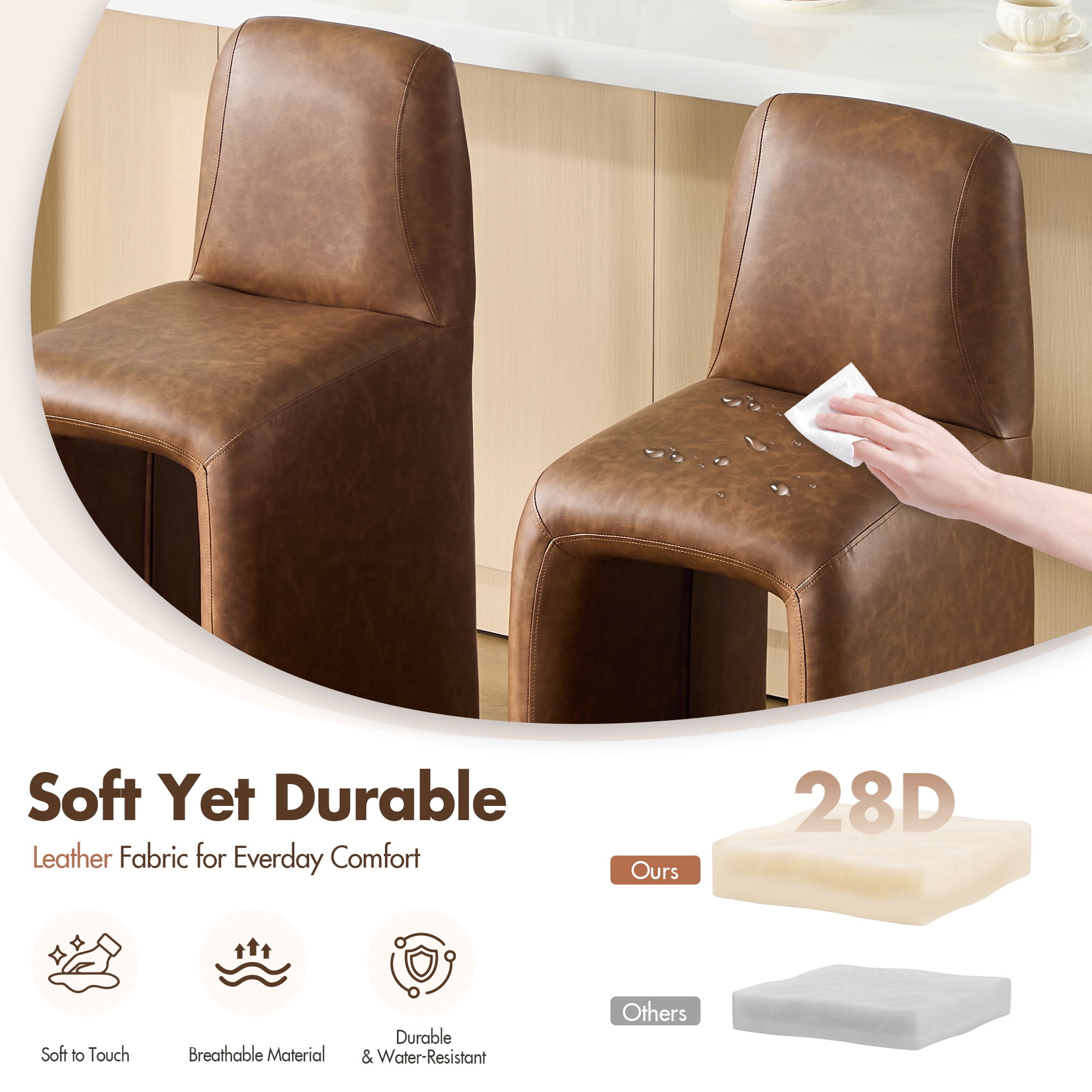 Dayalane Modern Bar Stool, 26" Upholstered Leather Counter Height Stools with Back Support, Armless Kitchen Island Chair Side Stool with Footrest, No Assembly Required, Brown