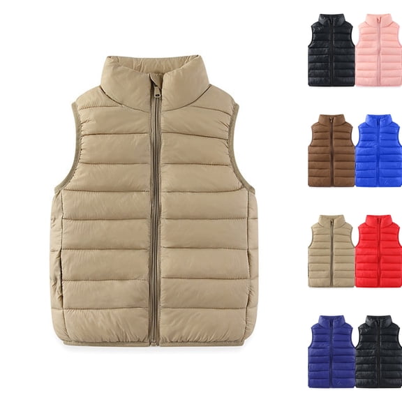 Boys Girls Puffer Vest Kids Sleeveless Lightweight Puffy Zip Up Stand Collar Jacket Winter Coat Outerwear 3-13 Years,Khaki,130