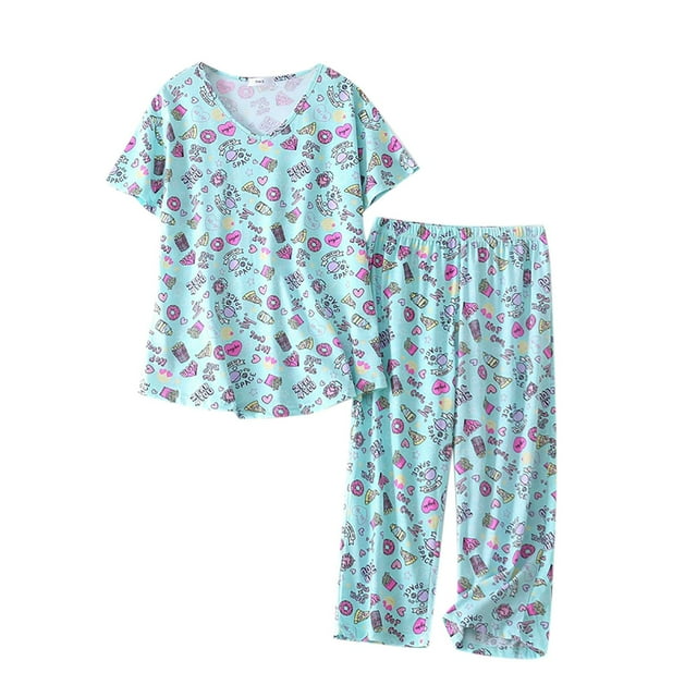 Kcodviy Ensemble de Pyjama pour Femme Court Ensemble de Pyjama en Satin Haut à Manches Pantalon Capri Grande Taille Pyjama pour Femmes Tenue de Nuit Plus