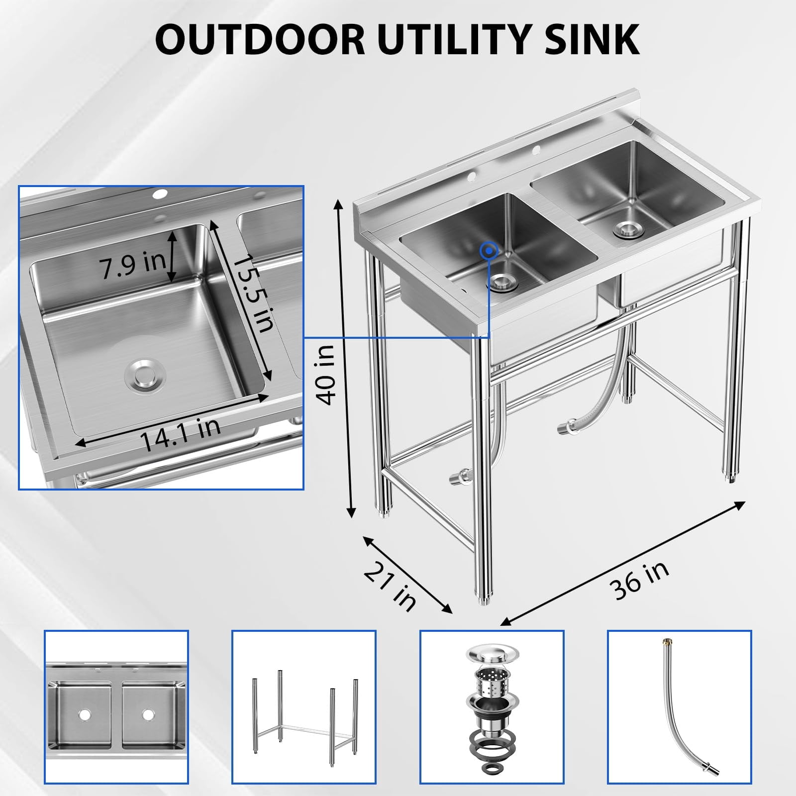 Zzistar Freestanding Double Bowl Laundry Sink ,Stainless Steel Sinkwith Hot & Cold Hoses, Outdoor Camping Utility Sink for Garage