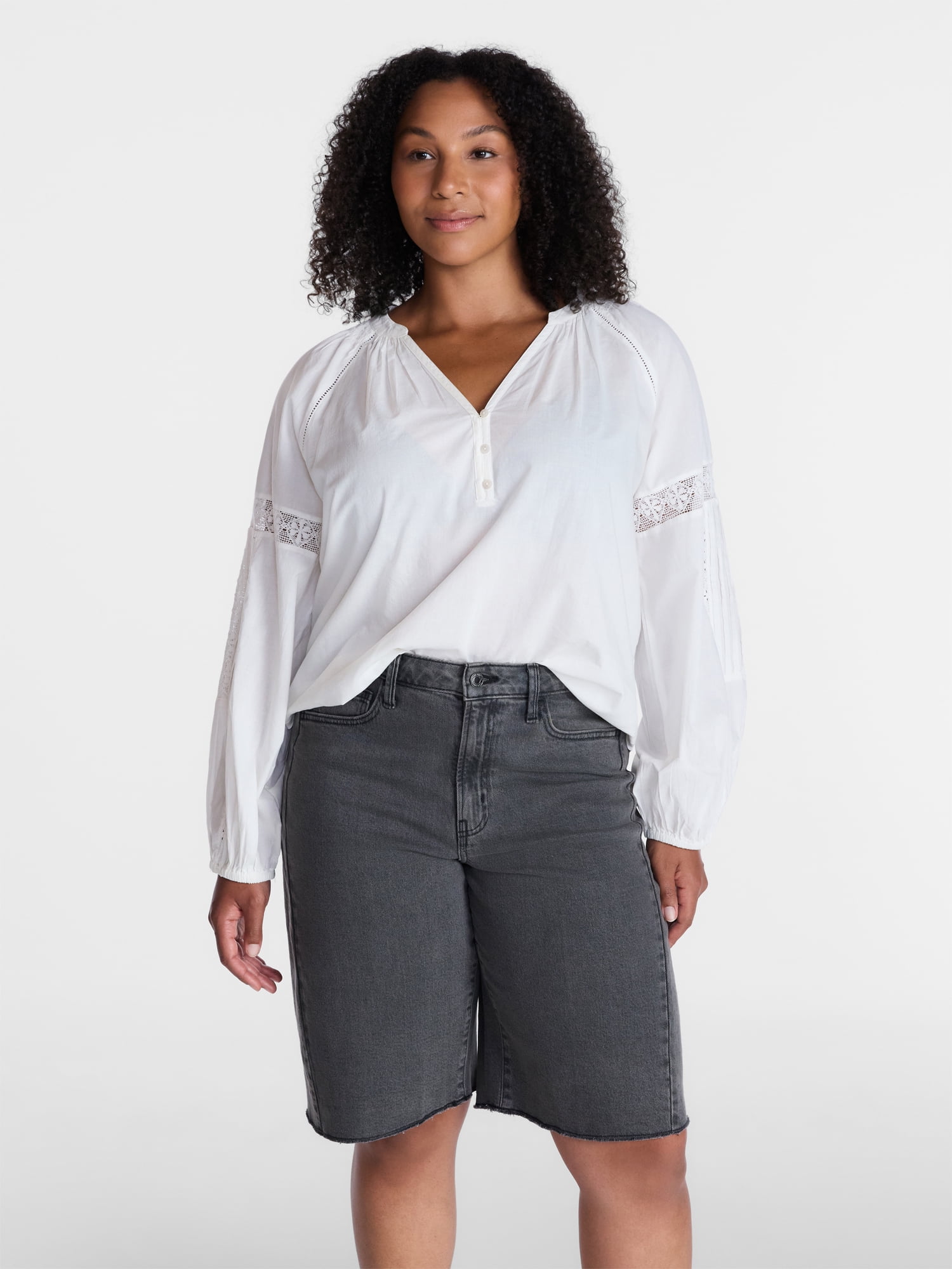Time and Tru Women's Lace Insert Popover Full Sleeve Top, Sizes XS - XXXL