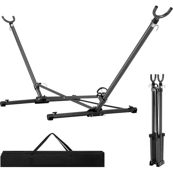 Folding Hammock Stand with 600 LBS Weight Capacity, Heavy Duty Steel Hammock Stand with Portable Carrying Bag, 3 Holes for Height Adjustment, Indoor and Outdoor Universal Hammock Stands,Black