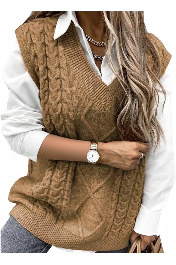 Women Sweater Vest Sleeveless V Neck Sweater Tops Loose Pullover Sweater Brown