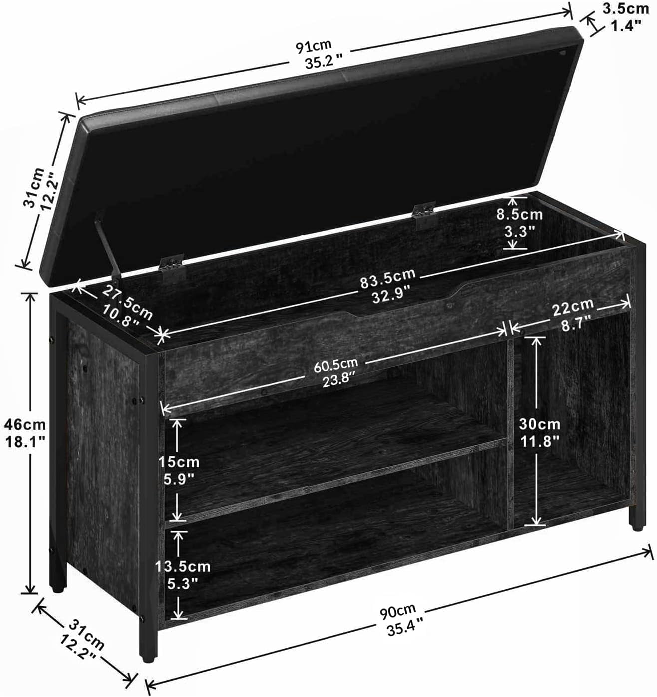 Shoe Bench, Lift Top Shoe Storage Bench, Adjustable Shelf Entryway Bench, Metal and Wood Shoe Rack Organizer with Cushion for Entry, Bedroom, Closet, Living Room, Hallway (Black, 35.5" W)