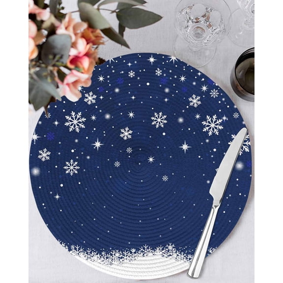 13 Inch Round Placemats Set of 4, Navy Blue Christmas Non Slip Heat Insulation PP Table Mats, Xmas Snowflake Ball Winter Snowflake Washable Place Mats for Kitchen Dining Party Table Decor