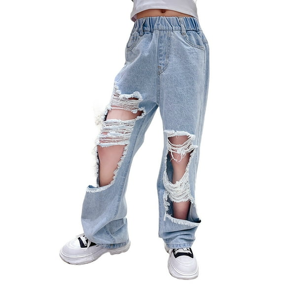 KAUOD Girls Ripped Jeans High Elastic Waist Wide Leg Hole Denim Pants Baggy Straight Stretchy Trousers Kids Y2K Streetwear