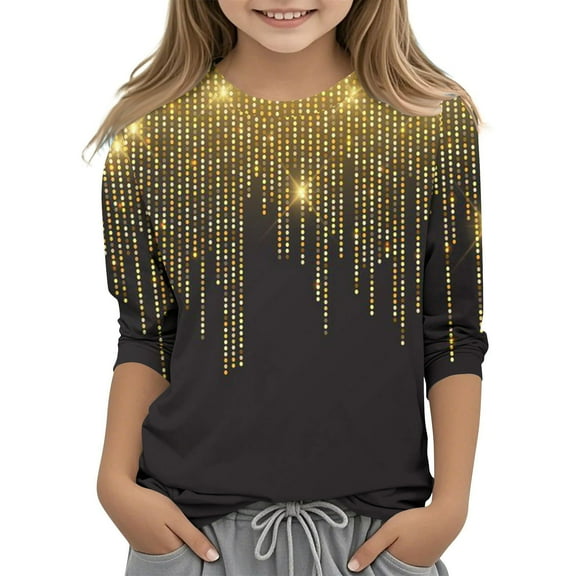 Iyufng Girls Tops 3/4 Sleeve T-Shirts Round Neck Children's Fashion Pullover Bottoming Boys and Girls Casual Printed Tees