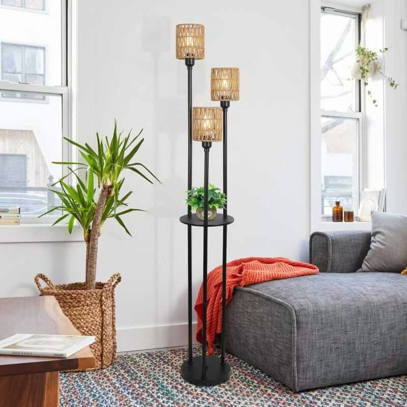 Boho Shees, 3-Lights Farmhouse Tall Floor ON/OFF Foot Switch, Rustic Standing Lamp with Rattan Shades for Living Room Bedroom Office
