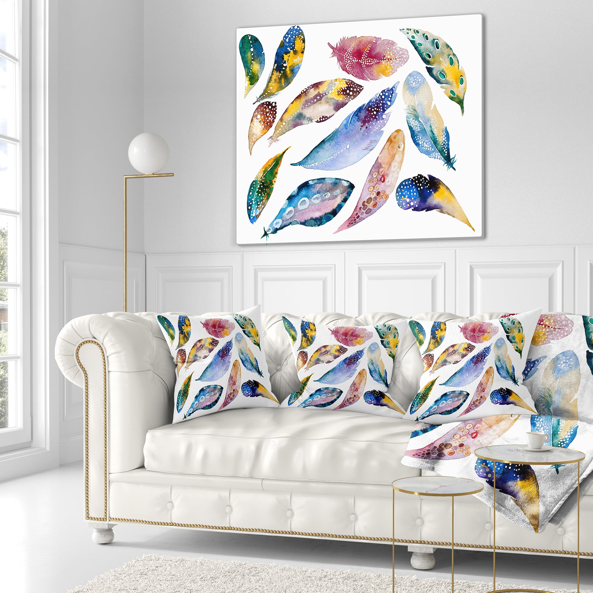 Designart Hand drawn Feather Set - Watercolor Throw Pillow - 18x18