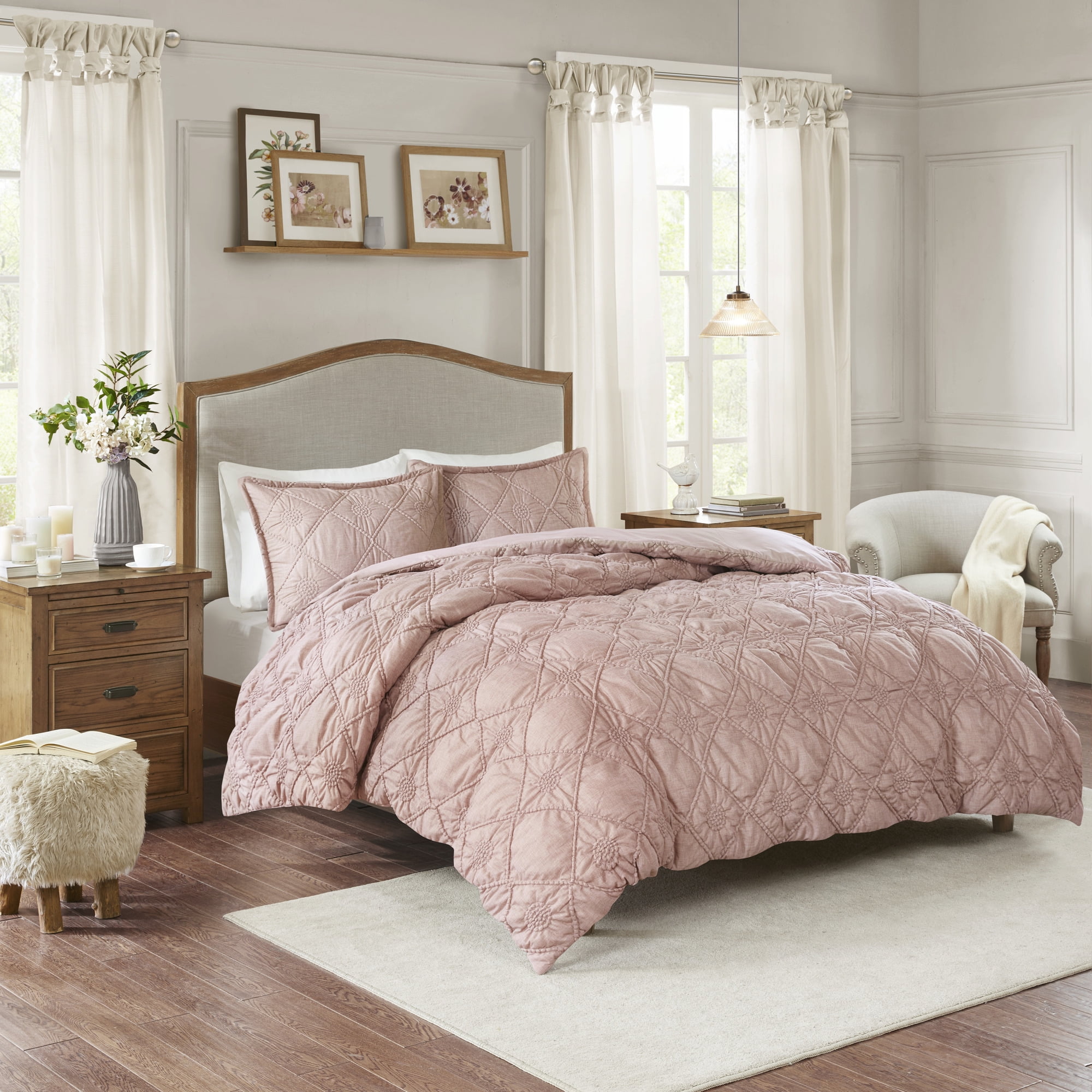 Home Essence Linnea 3 Piece Ruched Rosette 2in1 Duvet Cover Set