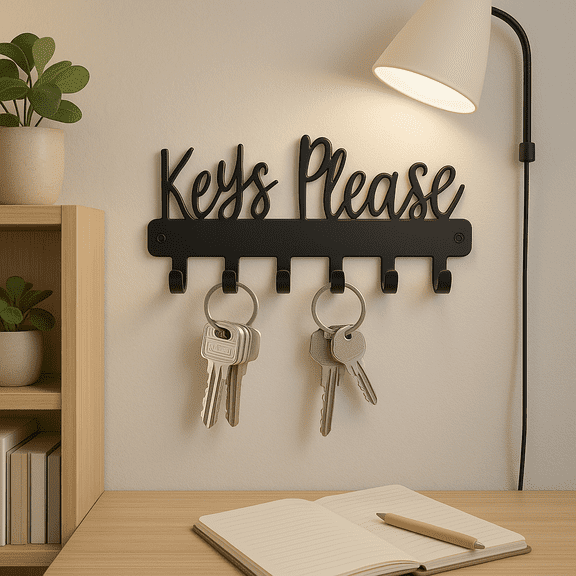 HELLOYOUNG 7.28 Inch Keys Please Fashion Style Black Metal Key Hooks Small Wall - Mounted Key Rack Iron Art Decor Perfect for Front Door/Entryway Hanging Organizer