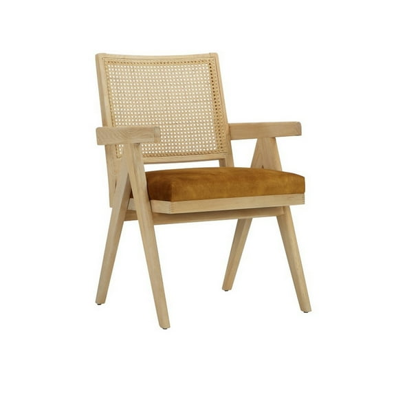 Isha 24 Inch Armchair with Cane Back, Gold Brown Velvet, Brown Wood Frame