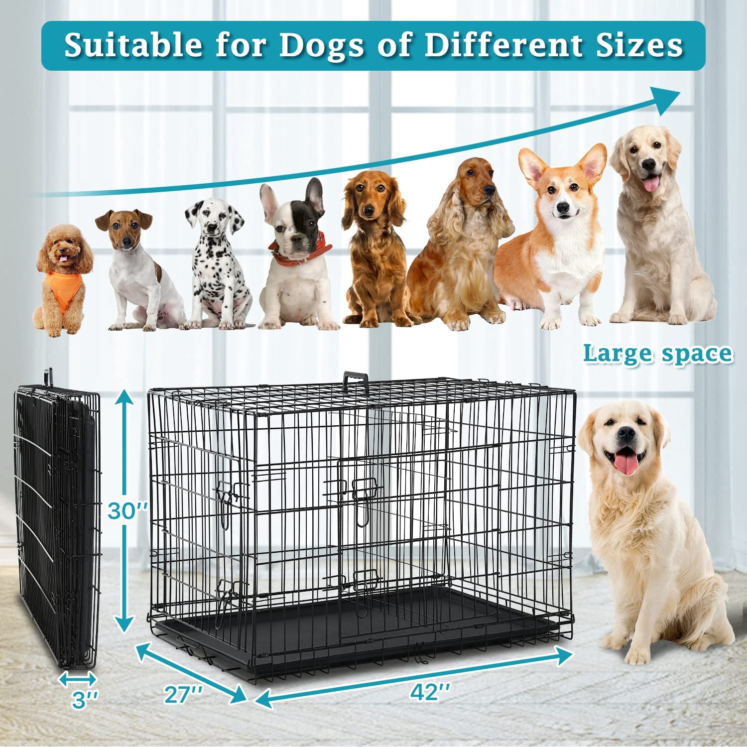 Dkelincs 42 inch Heavy Duty Dog Cage Foldable Dog Crate w/2 Doors&Divider XL Dog Kennel w/Handle for Medium Puppy
