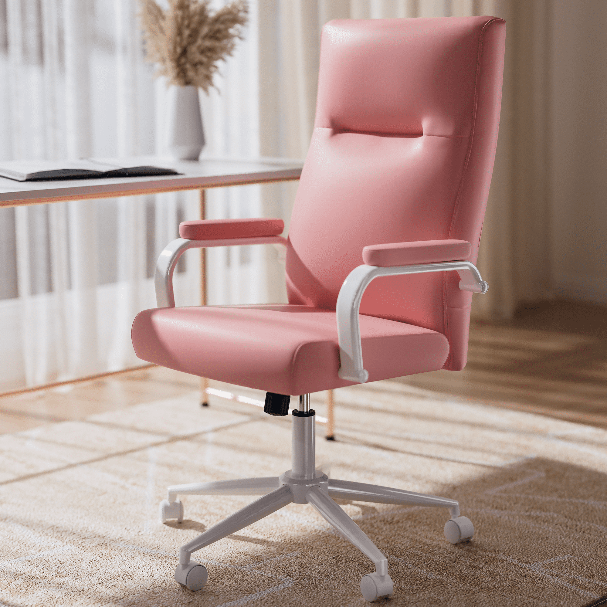 Homezeer Pink Ergonomic High Back Desk Chair with Adjustable Height, Wheels, Leather Office Chair for Girls