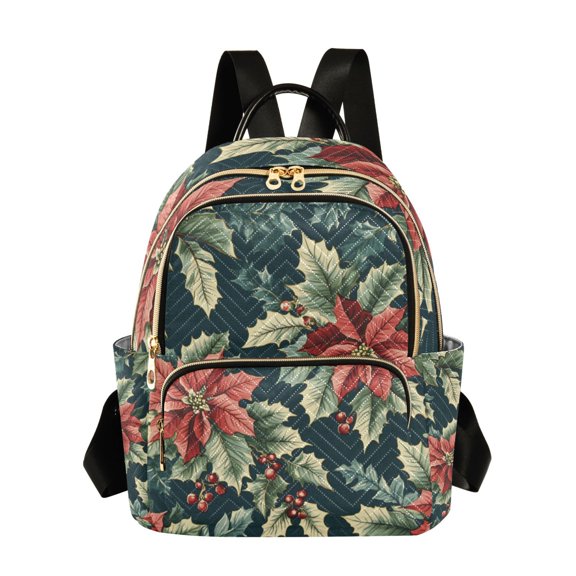 FORMRS Mini Backpack Purse for Women Quilted Travel Daypack Casual Shoulder Bag, Retro Christmas Poinsettia