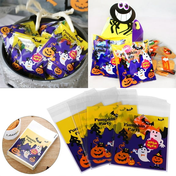 Food Storage Containers,100Pcs Halloween Cookie Bag Pumpkin Snowflake Crisp Fruit Bag Baked Self Adhesive Self Sealing Bag