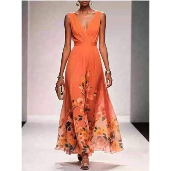 Vibrant Orange Ombre Floral Deep V-Neck Sleeveless Chiffon Maxi Dress Formal Wedding Guest Evening Cocktail Gown