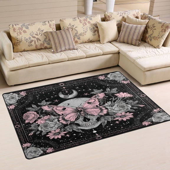 Non-Slip Area Rug 31"x20" Indoor Washable Floor Mats Carpet Printed for Living Room, Bedroom, Home Decor Butterfly by Moon and Flowers