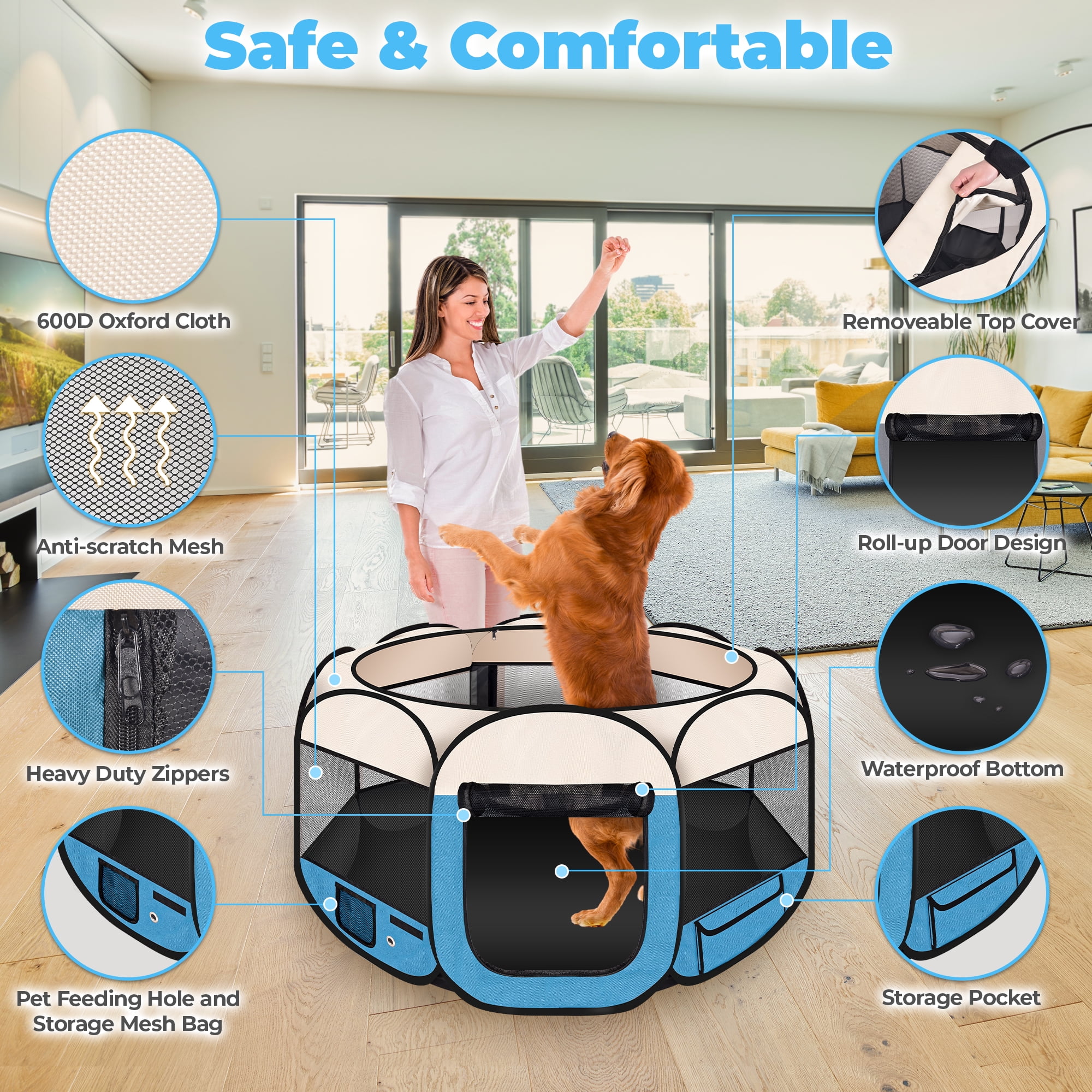 Large Pet Playpen for Dogs & Cats,45"/ 114CM Diameter 23"/60CM Height Pet Playpens Foldable Portable Indoor Outdoor Exercise Pen with Carrying Case for Cat Puppy Rabbit, Blue
