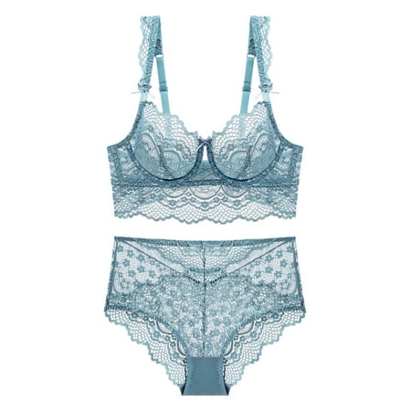 

HEVIRGO 2 Pcs/Set See-through Underwear Set Underwire Bowknot Lace Design Sexy Bra Panty for Valentine Day