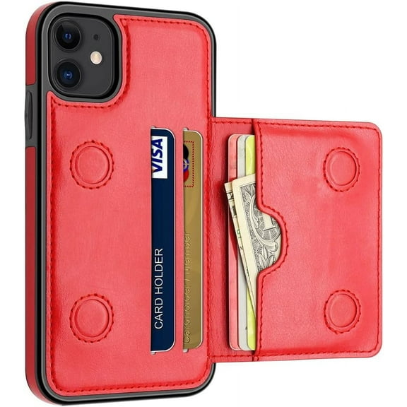 Case for iPhone 11 Case with Card Holders, Dual Layer Lightweight Slim Leather iPhone 11 Wallet Case Flip Folio Magnetic Lock Protective Case for Apple iPhone 11 6.1 Inch (2019), Red