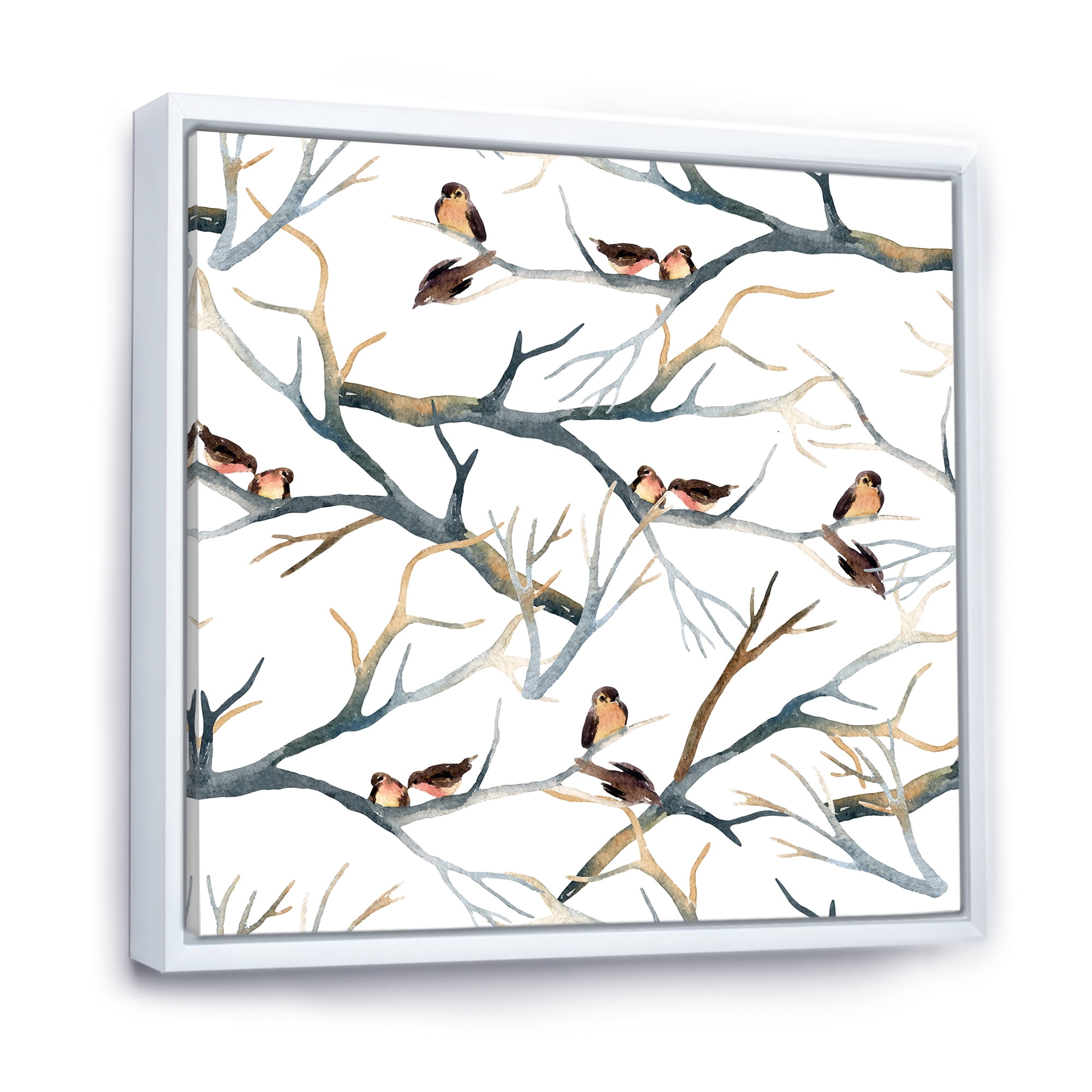 Designart 'Little Birds Sitting On The Tree Branches I' Traditional Framed Canvas Wall Art Print