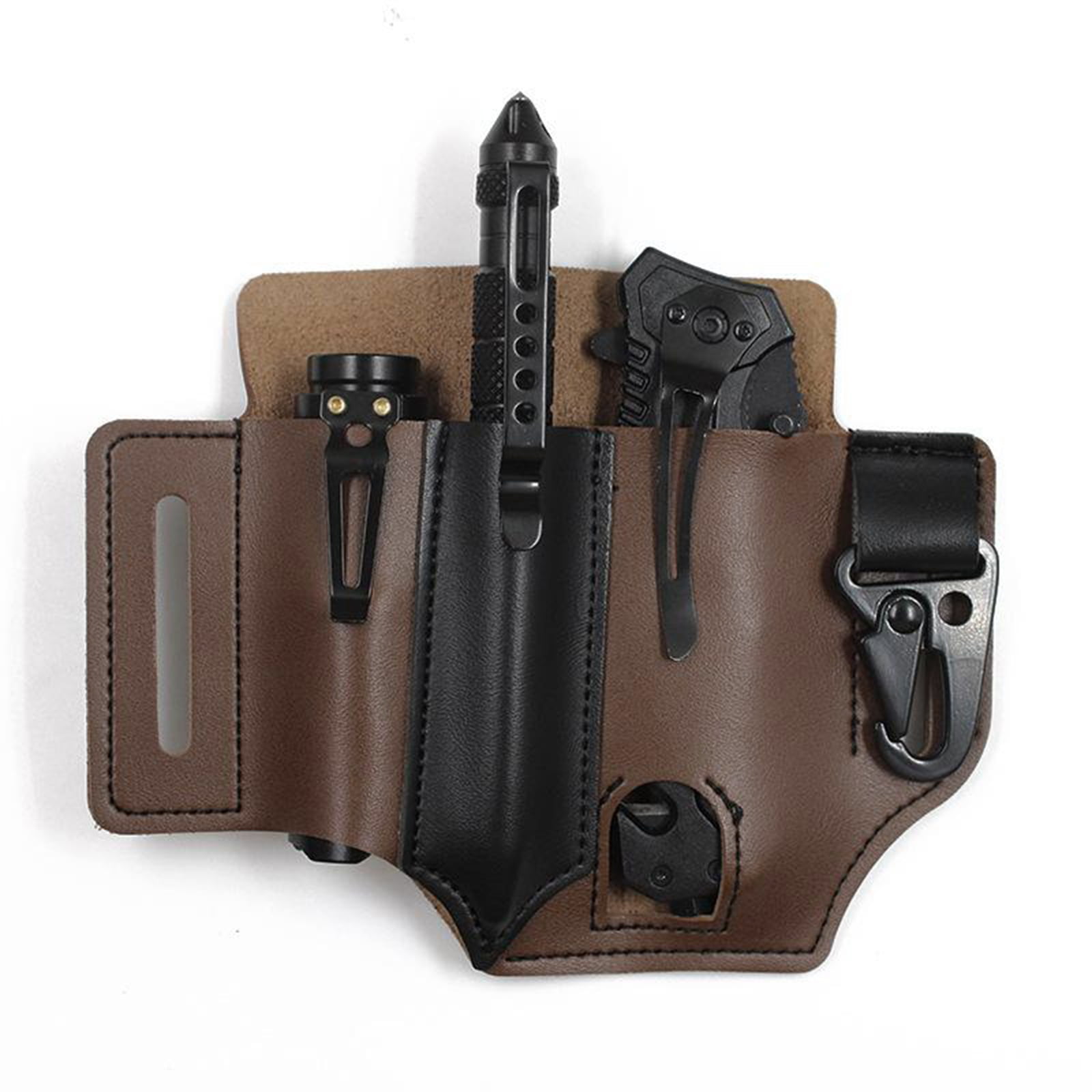 EDC Leather Sheath 3 Pockets Organizer Pouches Holsters for Tool/Knives/Flashlights/Tactical Pens/Most Leatherman MultiTools Brown