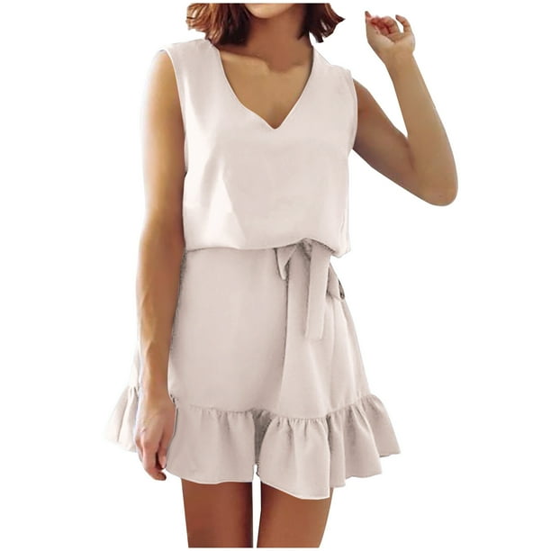 Moda mujer verano Casual cuello en V vendaje sólido sin mangas Mini vestido Fridja hj3981