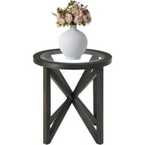 HMFULE 22.1" Round End Table, Modern Coffee Side Table with Tempered Glass Top and Solid Wood Base for Small Spaces, Dinning, Living Room, Bedroom (Black)