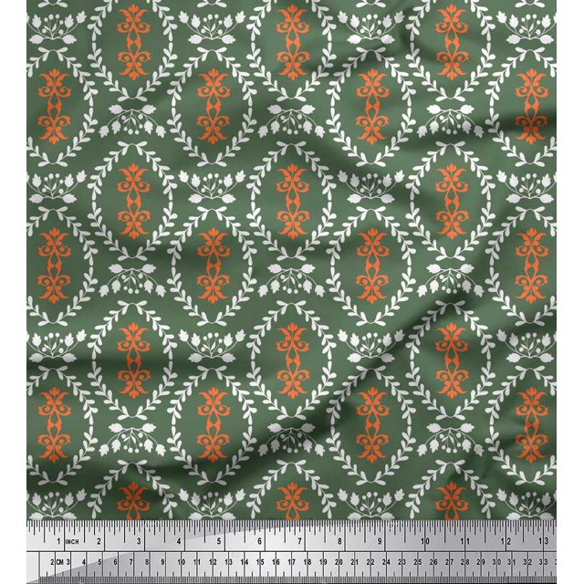 Soimoi Green polyester Crepe Fabric Filigree Damask Decor Fabric Printed Yard 42 Inch Wide