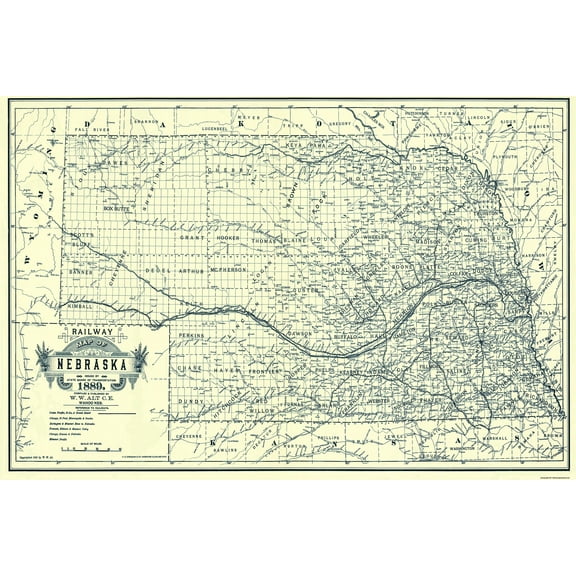Railroad Map - Nebraska Railway - Alt 1889 - Vintage Wall Art