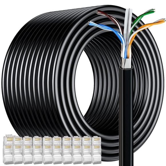 Cat 6 Outdoor Ethernet Cable Bulk 328 ft (20RJ45), FTP Cat 6 Shielded Cable 23AWG, Heavy Duty, Direct Burial, Waterproof, In-Ground, UV Resistant Cat