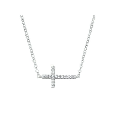 Sterling Silver Sideways Cross Necklace with CZ Stones, Jewelry Gift