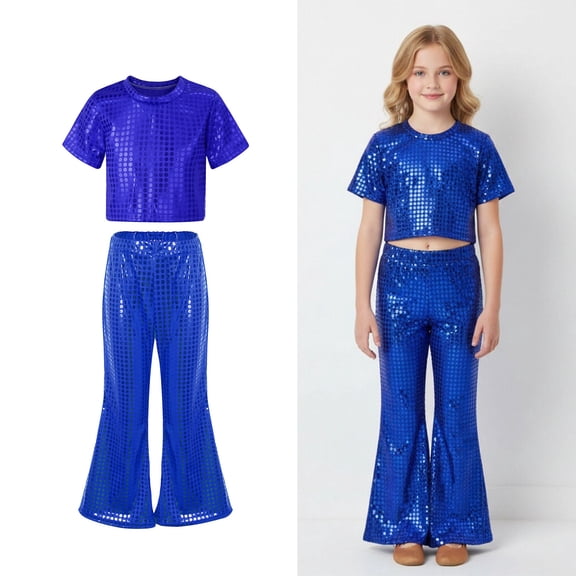 Toddler Girls Dance Sequin Blue Dance Short Sleeve Top and Flared Pants Two Piece Outfit Set Dance Outfit Performance Dancewear 18-24 Months