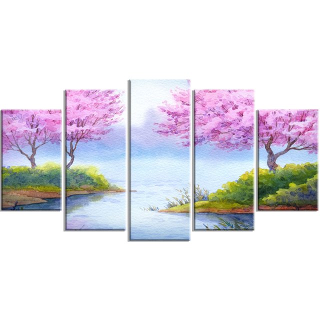 Design Art Flowering Trees over Lake Multipanel Landscape Large Metal Wall Art