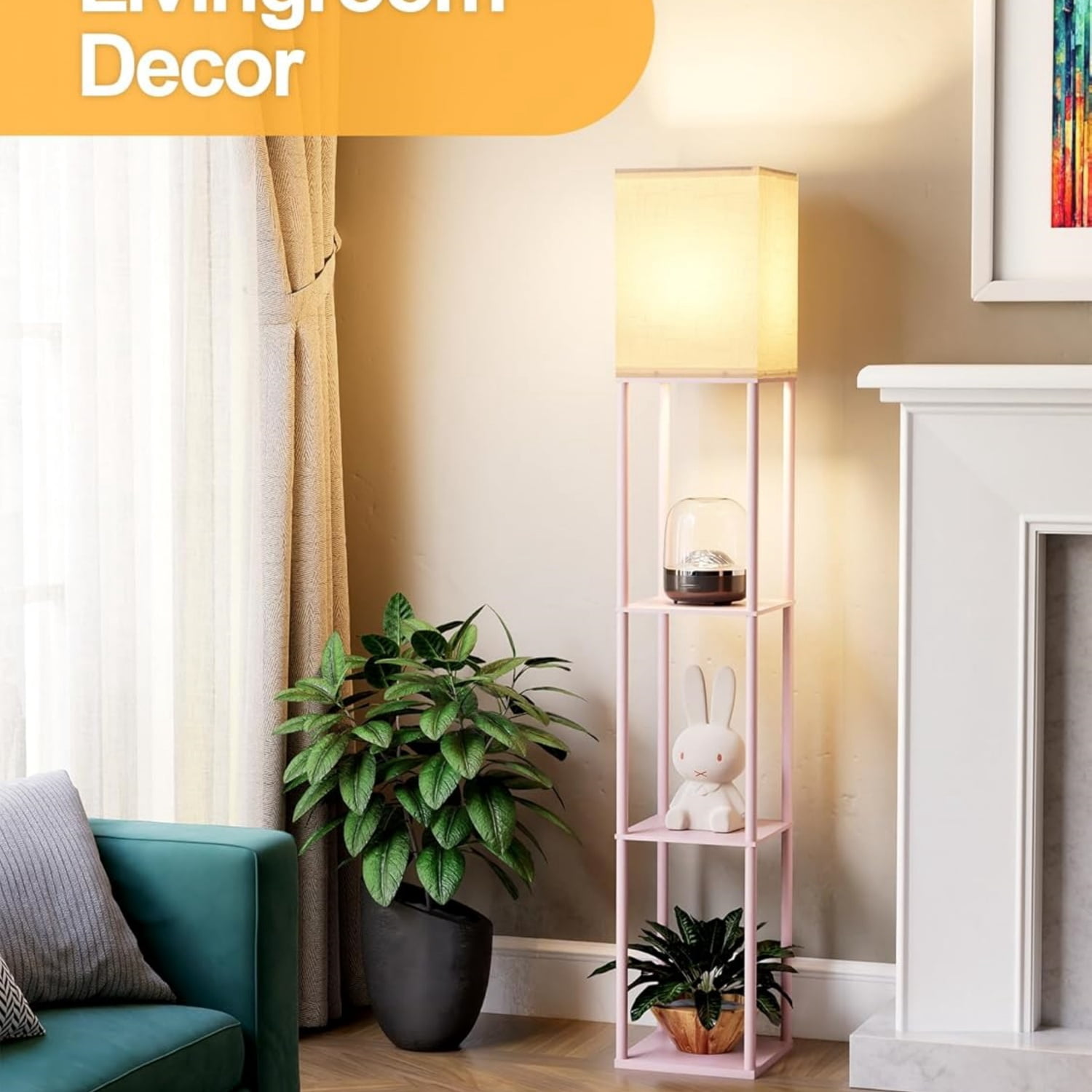 Pink Floor Lamp with Shelves for Living Room, Shelf Floor Lamp with 3 CCT LED Bulb, Corner Display Standing Column Lamp Etagere Organizer Tower Nightstand with White Linen Shade for Bedroom, Office