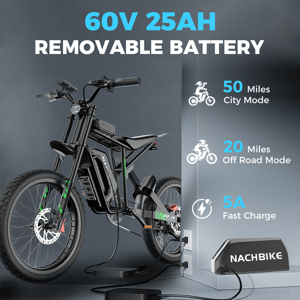 Electric Motorycle for Adults,50MPH/50 Miles Electric Dirt Bike, 6000W (Peak) , 60V 25Ah Long Range Removable Battery Mountain Ebike, NACHBIKE Raptor R3