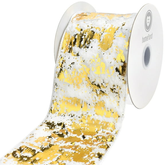 HOMEFORD Christmas Faux Fur Metallic Gold Flakes Wired Ribbon, 4-inch, 5-yard, White