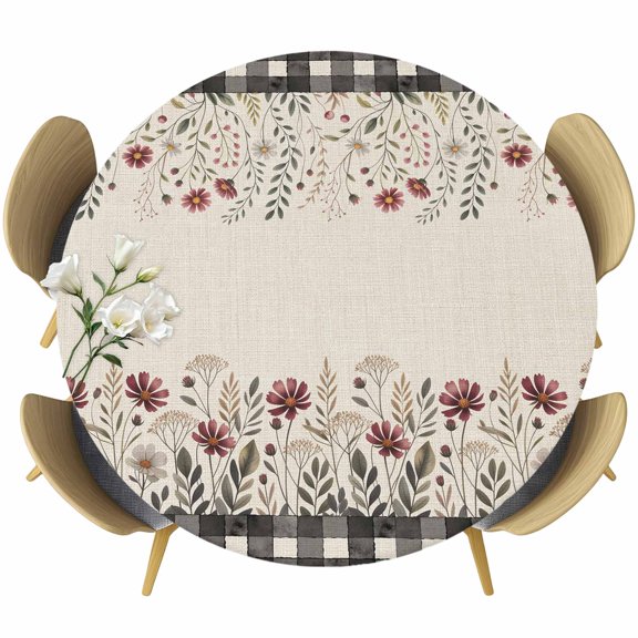 Vintage Flowers Round Tablecloth 45-54 Inch Round Fitted Table Cloth with Elastic Edge, Fall Farmhouse Watercolor Floral Herbs Waterproof Table Cover Protector for Outdoor Picnic Party Dining