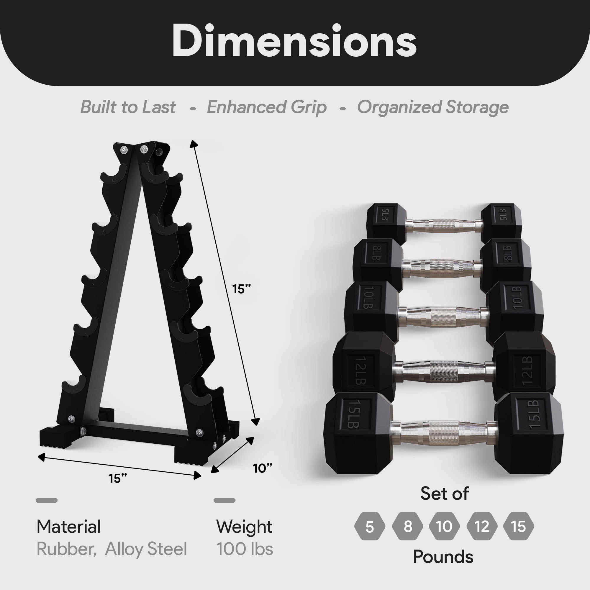 BalanceFrom Rubber Coated Iron Hex Dumbbell Set With A-Frame Rack, 100 lb, Black