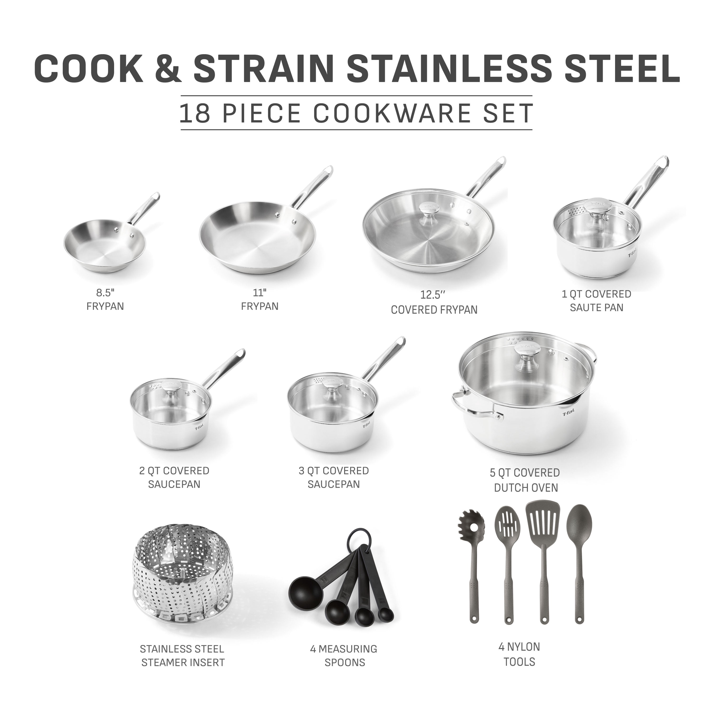 T-fal Stainless Steel Cook & Strain 18-Piece Cookware Set - Induction Compatible