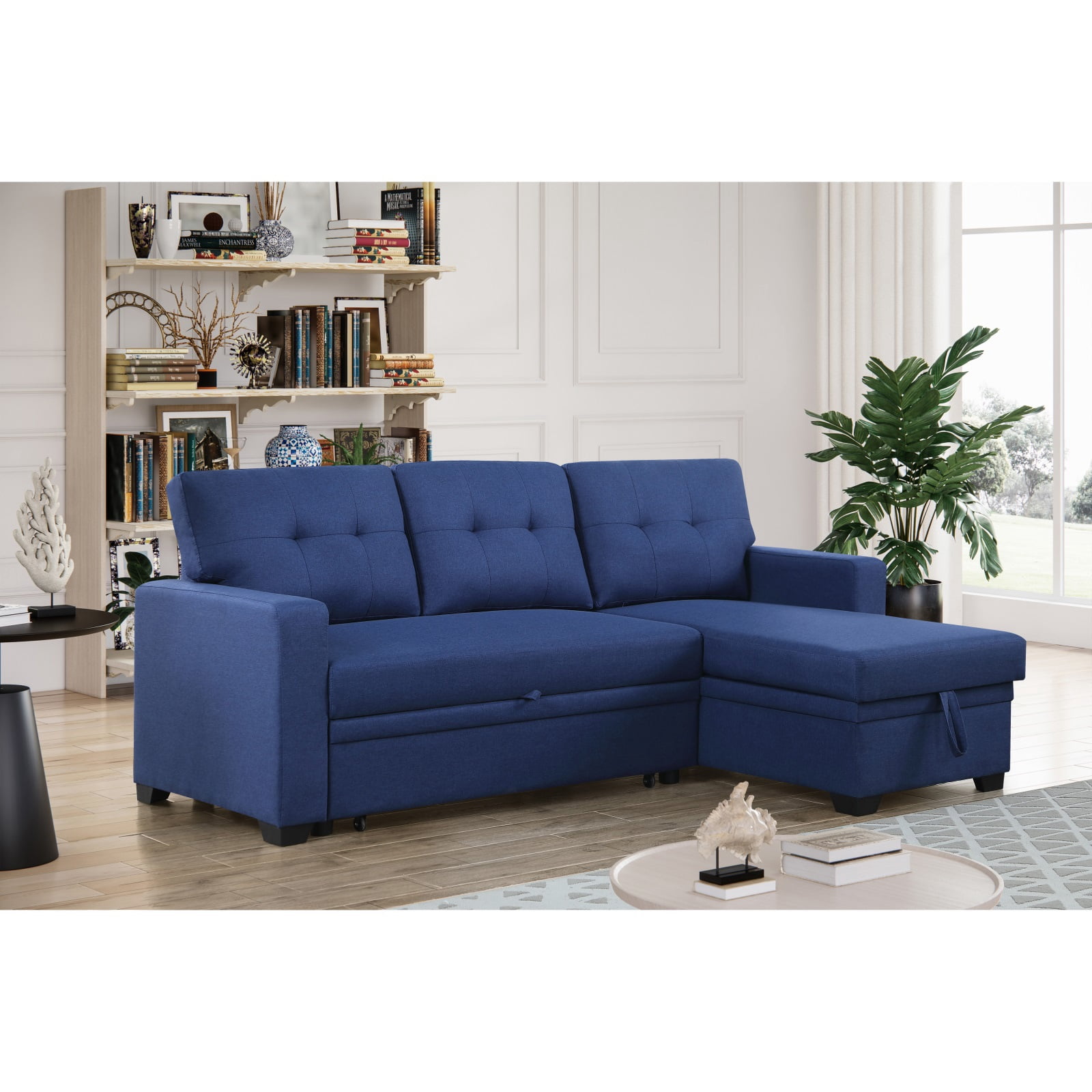 Hommoo 2 in 1 Pull Out Couch Bed Upholstered Sectional Sofa with Storage & Chaise, Convertible L Shaped Sleeper Sofa for Home,Blue