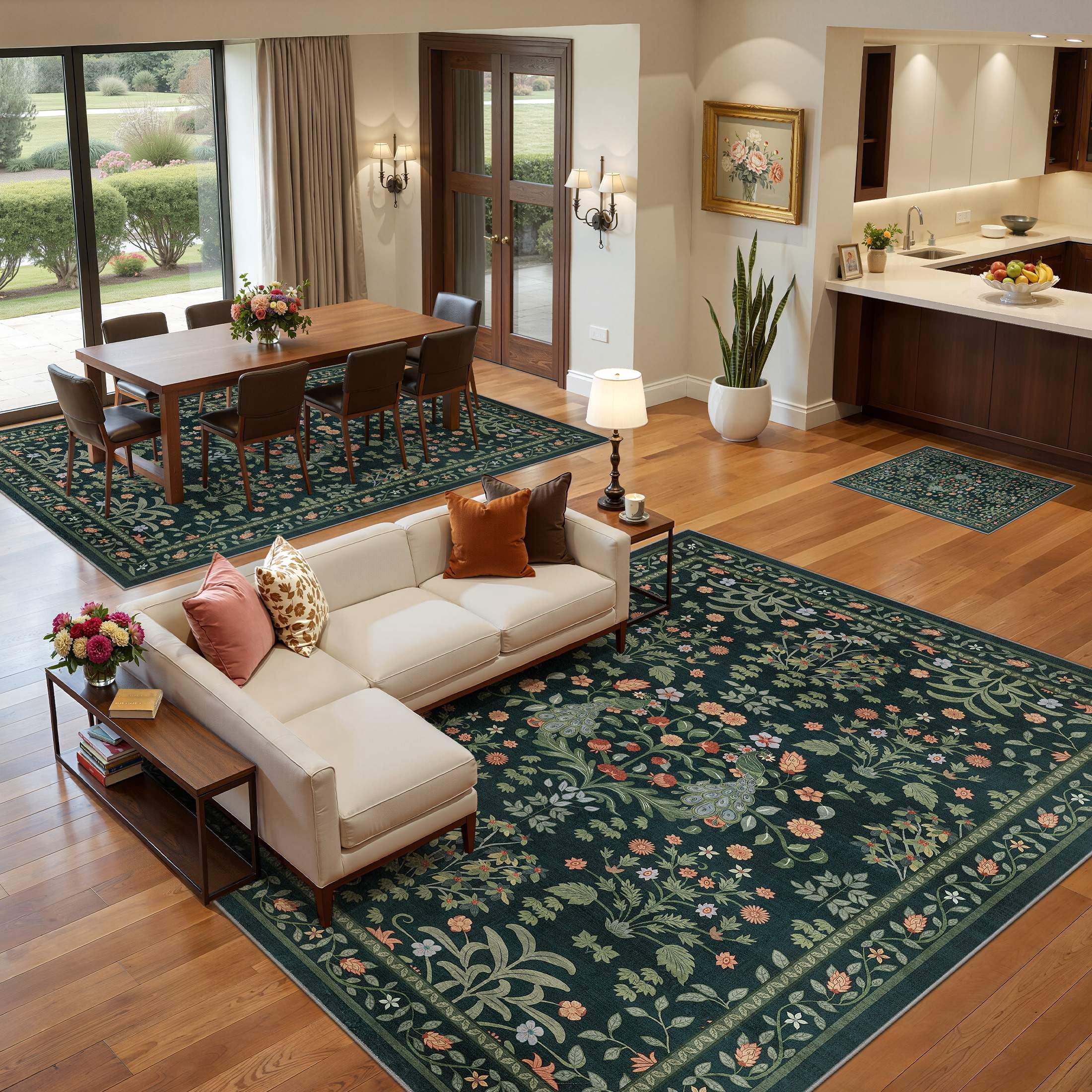Micgeek Boho 9x12 Area Rugs for Living Room, Floral Non-Slip Washable Rug for Bedroom Home Decor Carpet, Farmhouse Dining Room Office Large Rugs, Dark Green