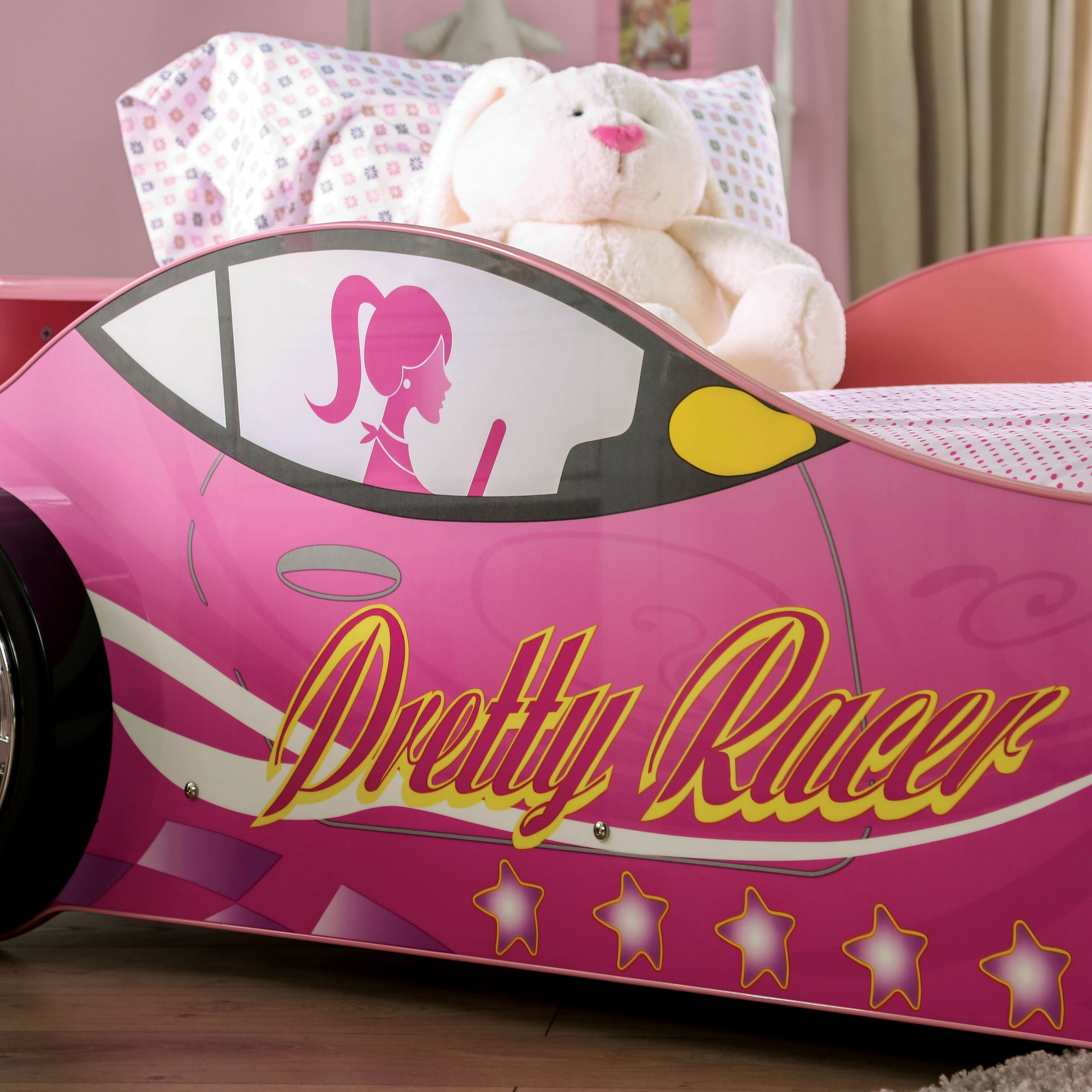 Furniture of America Sweet Kids Wood Twin Race Car Bed with LED and Sound
