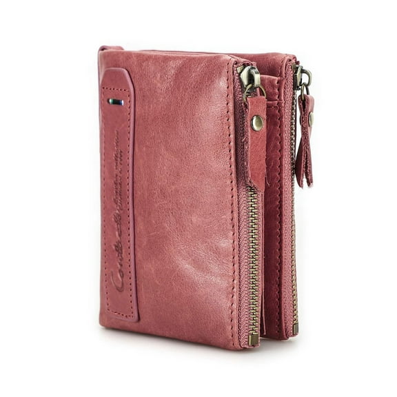 Contact's Soft Leather Wallet for Women Small Bifold Coin Purse Double Zipper Card Holder with RFID Blocking (Rose Tan)