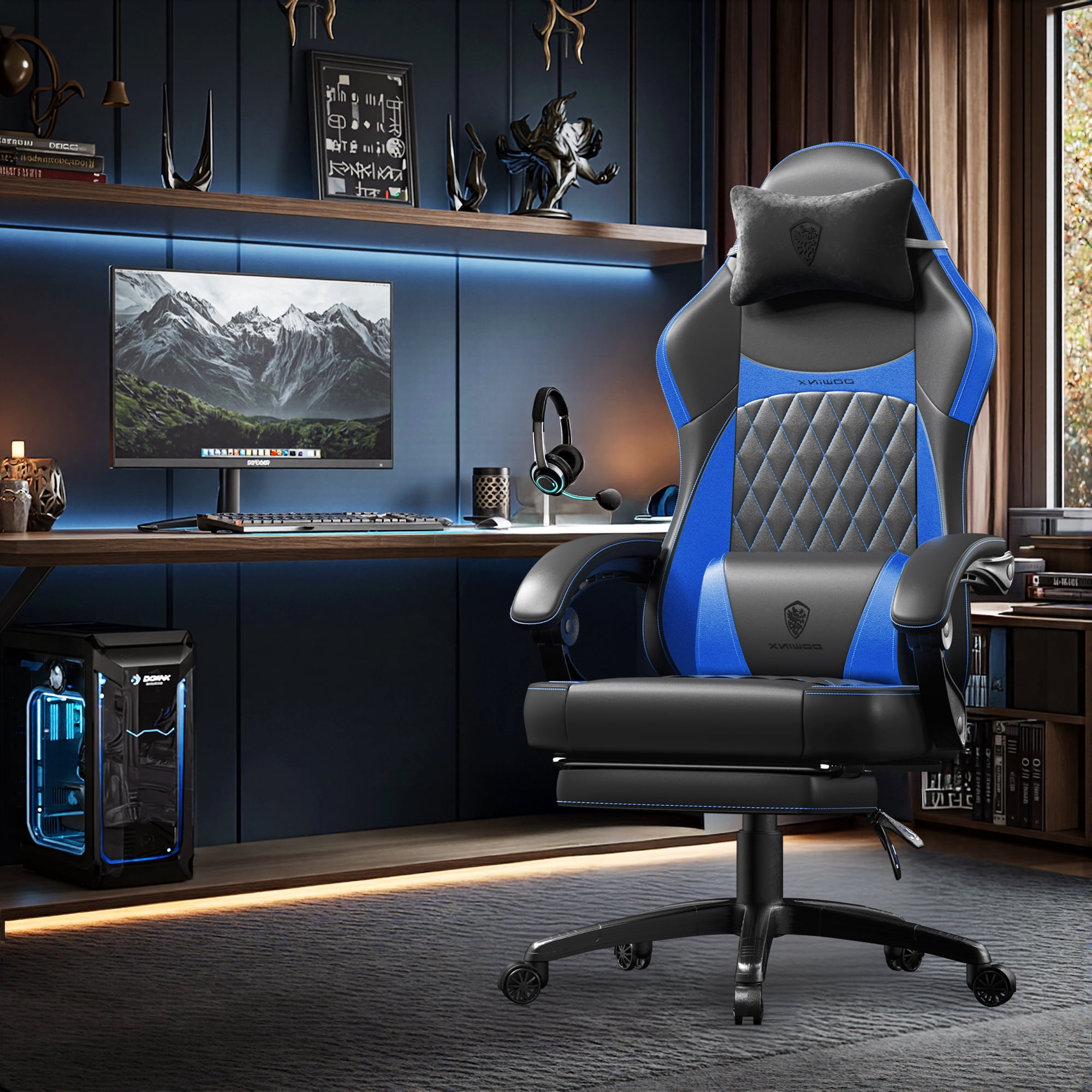 KARXAS Adult Gaming Chair Faux Leather PC Gaming Chair with Footrest and Lumbar Support, Black and Blue