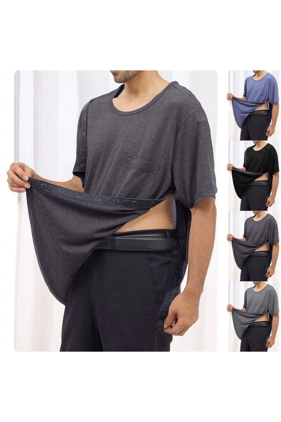 Post Shoulder Surgery Shirts for Men Full Snap Open Short Sleeve T Shirt Chemo Port Access Tee Rotator Cuff Surgery Gray